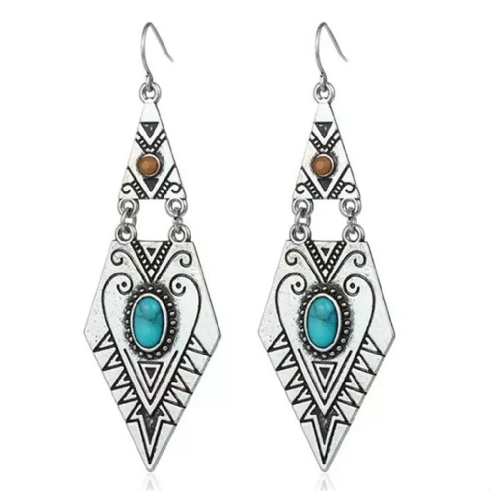 - NWT Boho Antique Silver Style Turquoise Earrings
